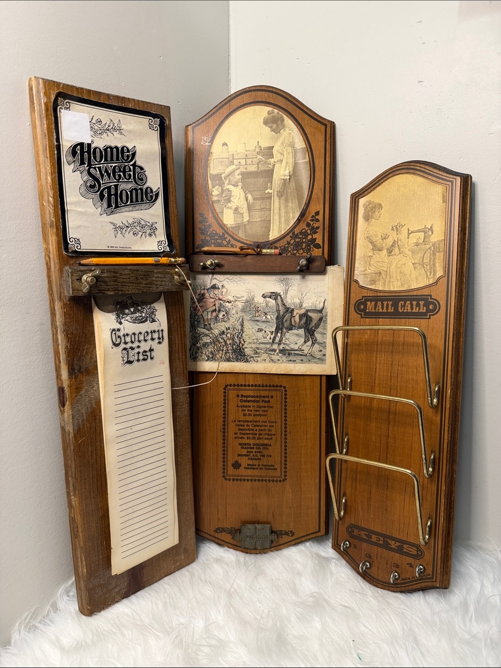 Vintage Genuine 1970-1980s Brown Wood Wall Organizer / Mail Call/ Grocery List